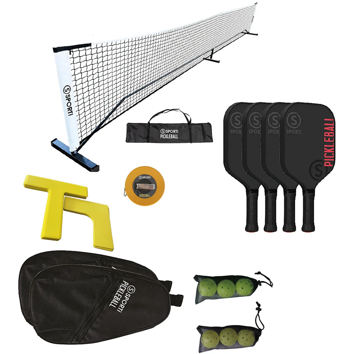Komplettes Pickleball-Feld-Set: Netz mit Gestell + Markierung + Schläger + Bälle