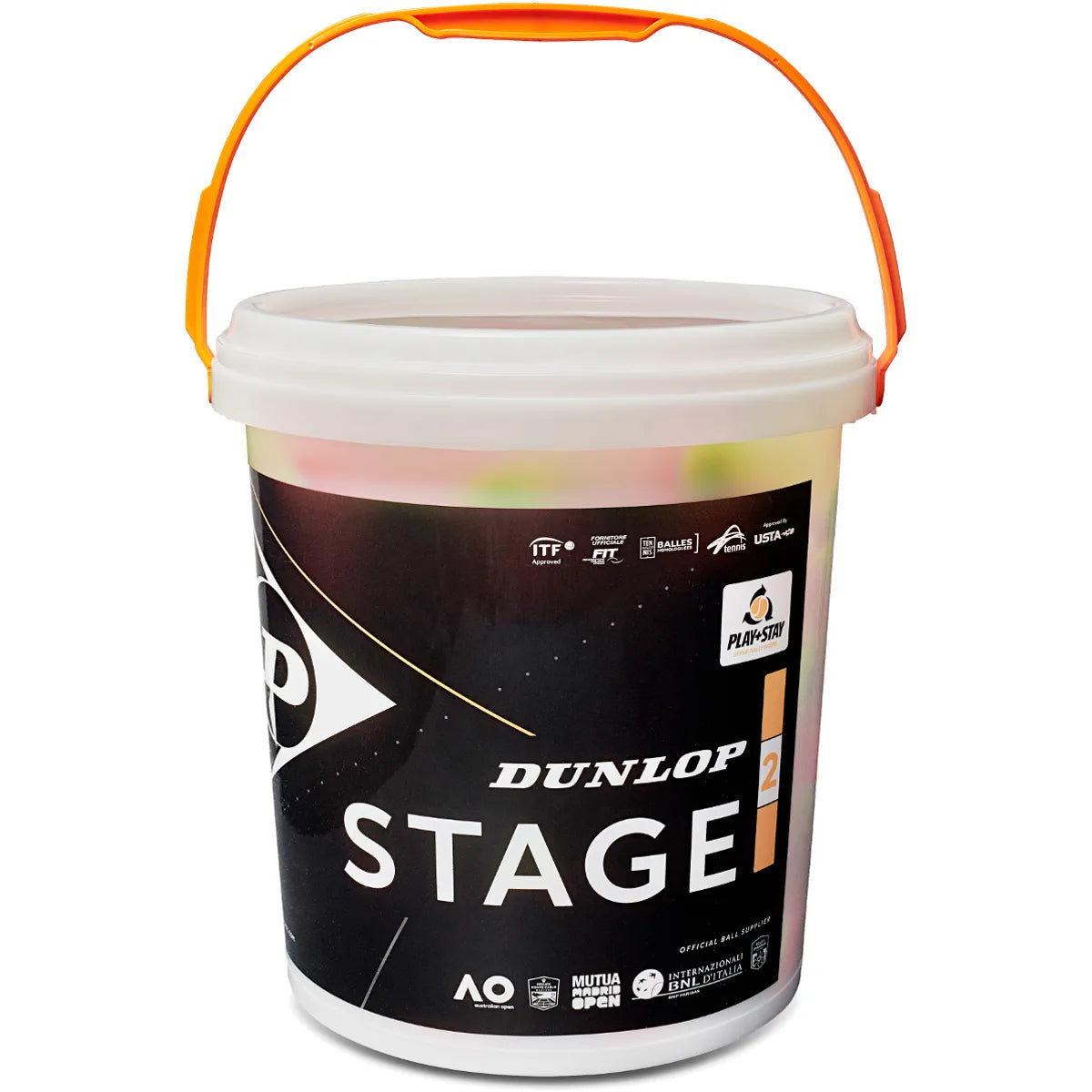 Fass mit 60 Dunlop Stage 2 Orangen Bällen