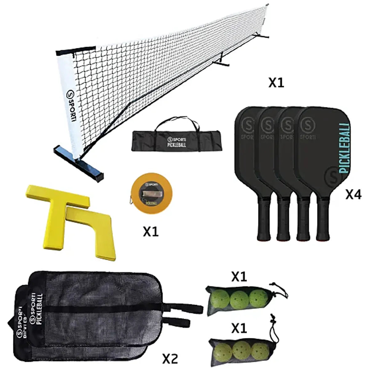 Komplettes Pickleball-Feld-Set: Netz mit Gestell + Markierung + Schläger + Bälle