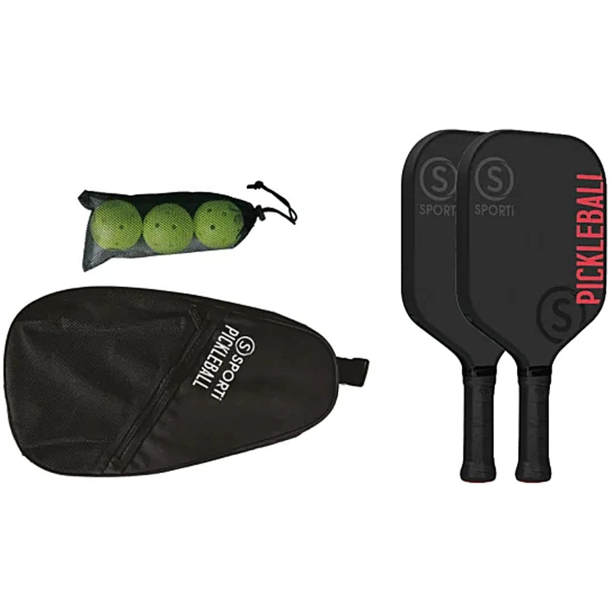 Pickleball-Set Fiberglas Indoor: 2 Padelschläger + 3 Pickleball-Bälle + 1 Tragetasche